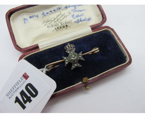 The Kings Royal Rifles Diamond Set Bar Brooch, highlighted in green enamel and set with rose cut stones, on a stock pin, (3.8
