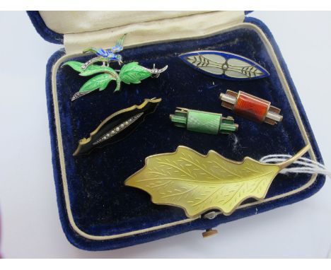 A Rasmussen Norwegian Enamel Leaf Brooch, highlighted in yellow and gilt, stamped axe mark and "925S"; Together with Two Smal