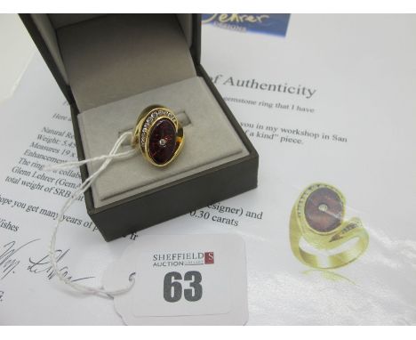 A Modern Lehrer Torus Garnet and Diamond Set Cocktail Ring, of abstract design, oval semi collet set, with graduated diamond 