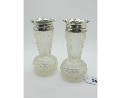 A Pair of Hallmarked Silver Rimmed Cut Glass Vases, Messrs Hutton, Birmingham 1901, 14.5cm high. (2) 