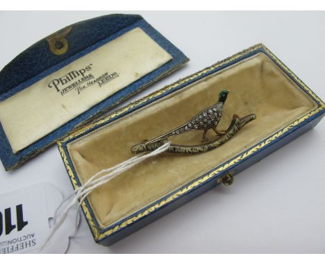 A Novelty Diamond Set Pheasant Brooch, with enamel highlights, inset with rose cut stones (repair/glue) (lacking pin), 4.7cm 