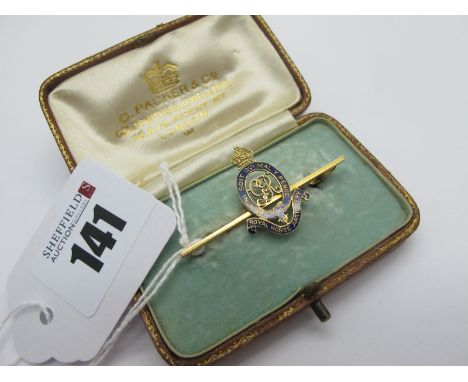 Royal Horse Artillery Enamel Bar Brooch, "HONI SOIT QUI MAL Y PENSE", highlighted in blue, indistinctly stamped, 4.3cm wide (