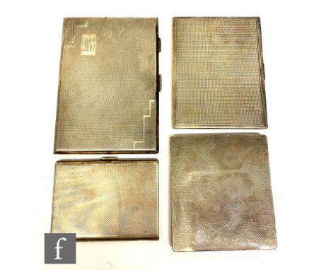 Four early 20th Century hallmarked silver cigarette case, all of rectangular form with engine turned decoration and hinged co