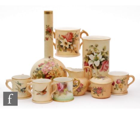 A collection of assorted early 20th Century Royal Worcester blush ivory comprising a shape 1215 vase, a shape 2510 posy vase,