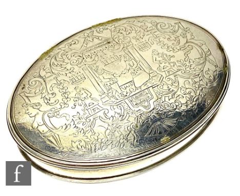 A George I hallmarked silver snuff box of oval form, the hinged cover engraved with figures in Tudor dress in a folly in a ga