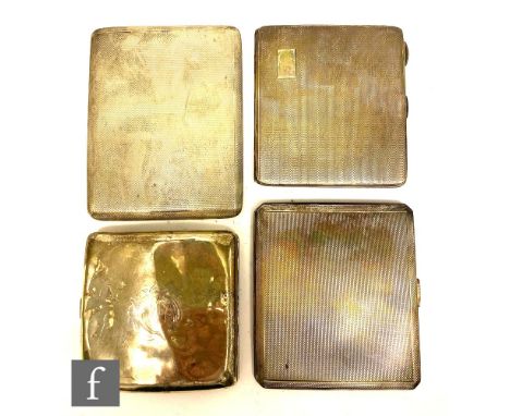 Four early 20th Century hallmarked silver cigarette cases, comprising three with engine turned decoration and another of plai