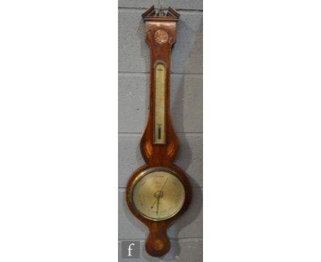 A George III inlaid mahogany barometer incorporating a thermometer above silvered dial signed Y Galli, Sheffield, height 100c