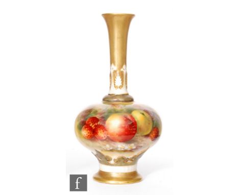 A Royal Worcester Fallen Fruits bud vase, shape F111, panel decorated by Ayrton with apples and strawberries, signed, puce ma