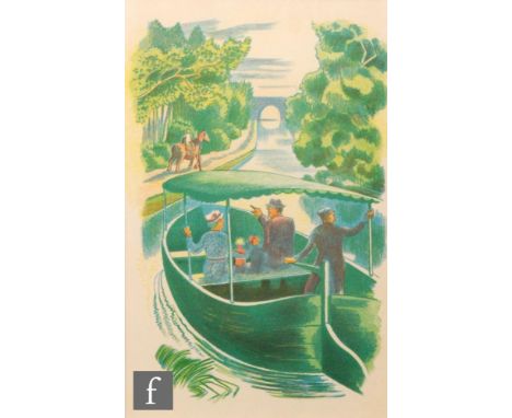 JOHN NASH, RA (1893-1977) - Figures on a horse drawn canal boat, lithograph, bears Goldmark Gallery, Rutland label verso, fra