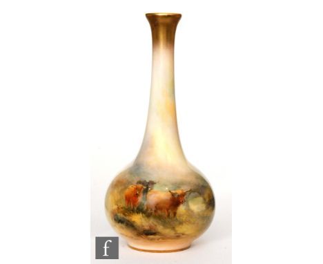 A Royal Worcester shape 2491 bud vase panel decorated by Stinton with hand painted Highland cattle, signed, puce mark with da