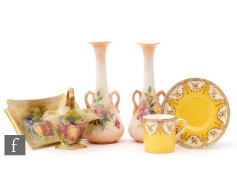 A Royal Worcester coffee can and saucer with tonal brown floral swags on a yellow ground, S/D, date code for 1911, together w