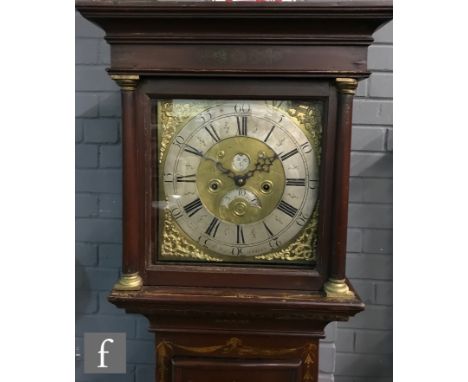 An 18th Century red lacquered longcase clock with an eight-day movement striking on a bell, the case with lithographed floral