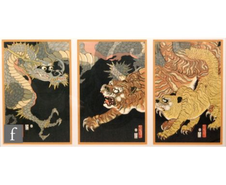 AFTER SADAHIDE UTAGAWA - Dragon and Tiger, woodblock print, triptych, framed, each 38cm x 24cm frame size  61cm x 104cm. 