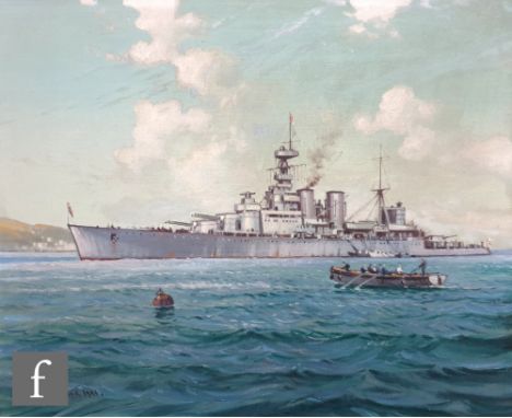 WILFRID KNOX (1884-1966) - H.M.S. Hood off a shoreline, oil on canvas, signed, framed, 40cm x 50cm, frame size 68cm x 58cm, t