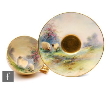 A Royal Worcester cabinet cup and saucer decorated by Barker with hand painted sheep, the cup exterior in matte gold, both pi