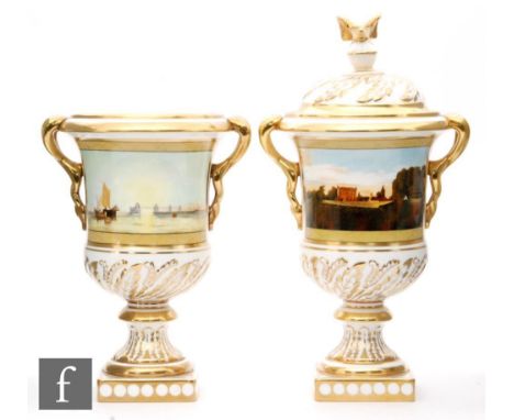 A pair of Coalport Eagle vases of twin handled urn form, the cover with eagle finial, to commemorate the bicentenary of the b