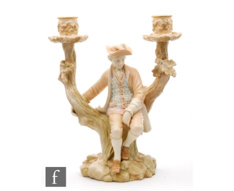 A late 19th Century Royal Worcester twin branch candelabra modelled as a young man dressed in his finery sat on a twin branch