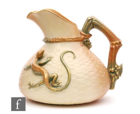 An early 20th Century Royal Worcester shape 1714 'Lizard jug', the bag shaped body with basket weave moulded and applied sala