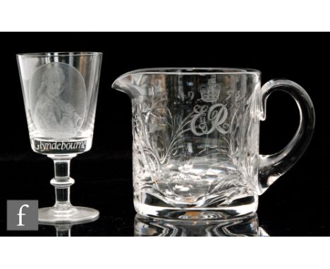 A later 20th Century commemorative goblet for Glyndebourne by Virginia Bliss, engraved with an oval portrait cartouche of Moz