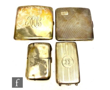 Four early 20th Century hallmarked silver cigarette cases, comprising two with engine turned decoration and two of plain cush