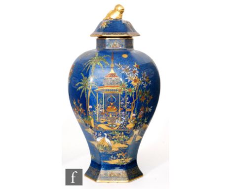 A 1920s Wiltshaw and Robinson Carlton Ware Persian pattern hexagonal vase and cover decorated with gilt and enamel Chinoiseri