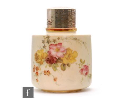 A late 19th Century Royal Worcester blush ivory tea caddy with a hallmarked silver cap and collar, the body decorated with a 