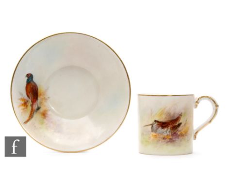 A Royal Worcester cabinet coffee can and saucer decorated by James Stinton with hand painted Woodcocks to the saucer and can,