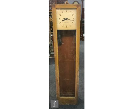 A Gledhill Brook Ltd Huddersfield clocking in clock in beech case, height 128cm 