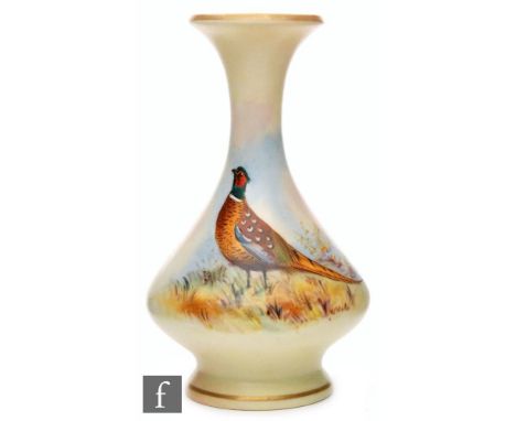 A Locke &amp; Co, Worcester vase decorated with a hand painted pheasant, signed W Stinton on a blush ground, height 15cm. 