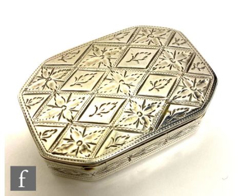 A George III hallmarked silver snuff box of canted rectangular form, the hinged cover bright cut with a stylised foliate desi