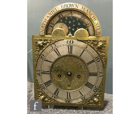 A late 18th Century eight-day longcase clock movement, the 12 inch broken arch dial with moonphase, date aperture and silvere