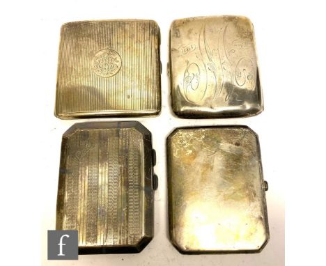 Four early 20th Century hallmarked silver cigarette case, to include a canted rectangular case with engine turned decoration,