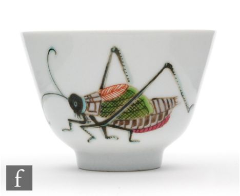 A Chinese porcelain Grasshopper teabowl of U form rising from a tapered foot, decorated with two enamelled grasshoppers, Daog