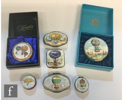 A collection of seven Crummles English Enamels pill or patch boxes, all of hot air ballooning interest, including two limited