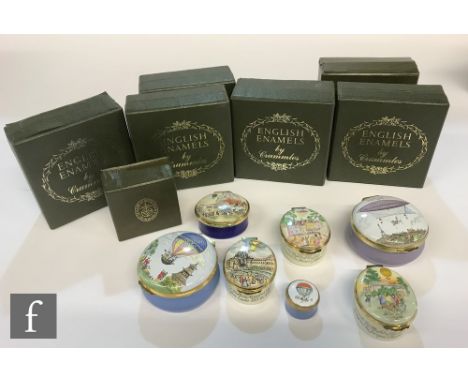 A collection of seven Crummles English Enamels pill or patch boxes, all of hot air ballooning interest, to include three limi