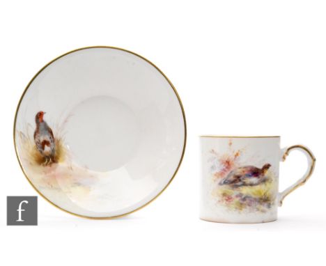 A Royal Worcester cabinet coffee can and saucer hand painted by James Stinton, the saucer with a partridge and the can with a