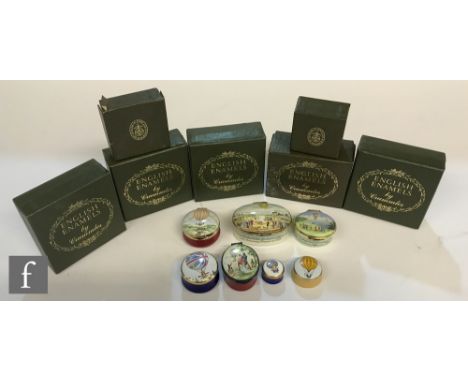 A collection of seven enamelled pill or patch boxes, to comprise a Bilston and Battersea Enamels commemorating the ascending 