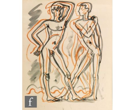 ALBERT WAINWRIGHT (1898-1943) - Two nude boys, ink and wash drawing, unframed, 23cm x 18cm, also an ink drawing titled 'Figur