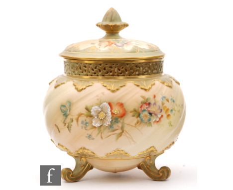 An early 20th Century Grainger &amp; Co, Worcester pot pourri decorated with sprays of flowers against a wrythen blush ivory 