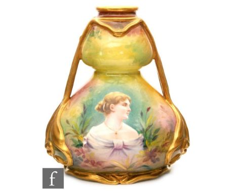 An early 20th Century Art Nouveau style Franz Mehlem Royal Bonn pottery gourd shape vase painted with a portrait of a young l