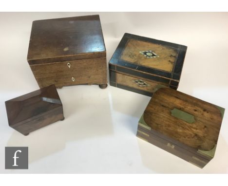 A small George IV mahogany storage box, a brass corner mounted work box, a walnut box and a small tea caddy, S/D. (4) 