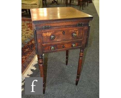 A George III mahogany drop leaf and fold-over games table, with inlaid chequerboard and backgammon boards to the top, fitted 