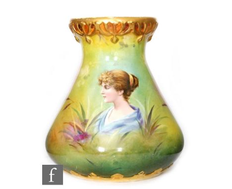 An early 20th Century Art Nouveau style Franz Mehlem Royal Bonn pottery vase painted with a portrait of a young lady on a flo