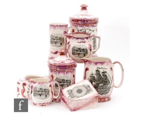 A collection of mid 20th Century Grays Pottery 'Sunderland' lustre to include storage jars, water jugs and a tea caddy (lacki