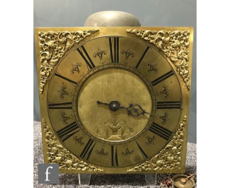An 18th Century brass 30-hour clock movement with 11 inch square dial, with date aperture, the chapter ring signed 'John Shep