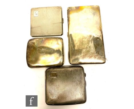 Four 20th Century hallmarked silver cigarette cases, comprising two with engine turned decoration and two of plain cushioned 