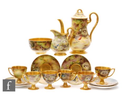 A Royal Worcester coffee service decorated in the round by William Powell with garden birds and nests, comprising coffee pot,