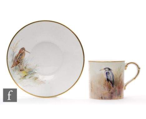 A Royal Worcester cabinet coffee can and saucer decorated by James Stinton with a hand painted pheasant to the saucer and a h
