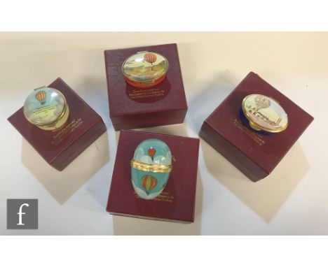 Four Staffordshire Enamels enamelled boxes, all of hot air ballooning interest, comprising a pill box commemorating the first