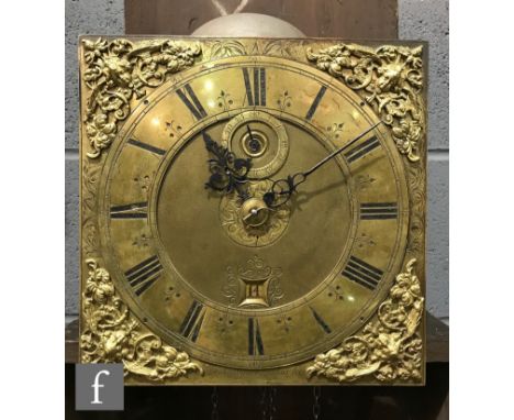 An 18th Century 30-hour longcase clock movement with 10 inch square brass dial, with subsidiary seconds dial and date apertur